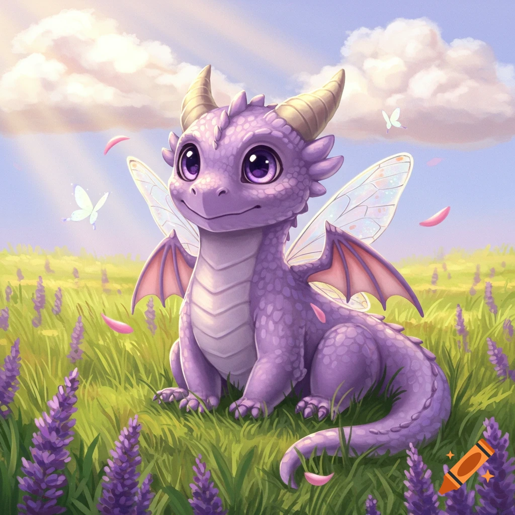 Cute pastel purple dragon with fairy wings in a field of lavender flowers under a sunny sky, illustration.