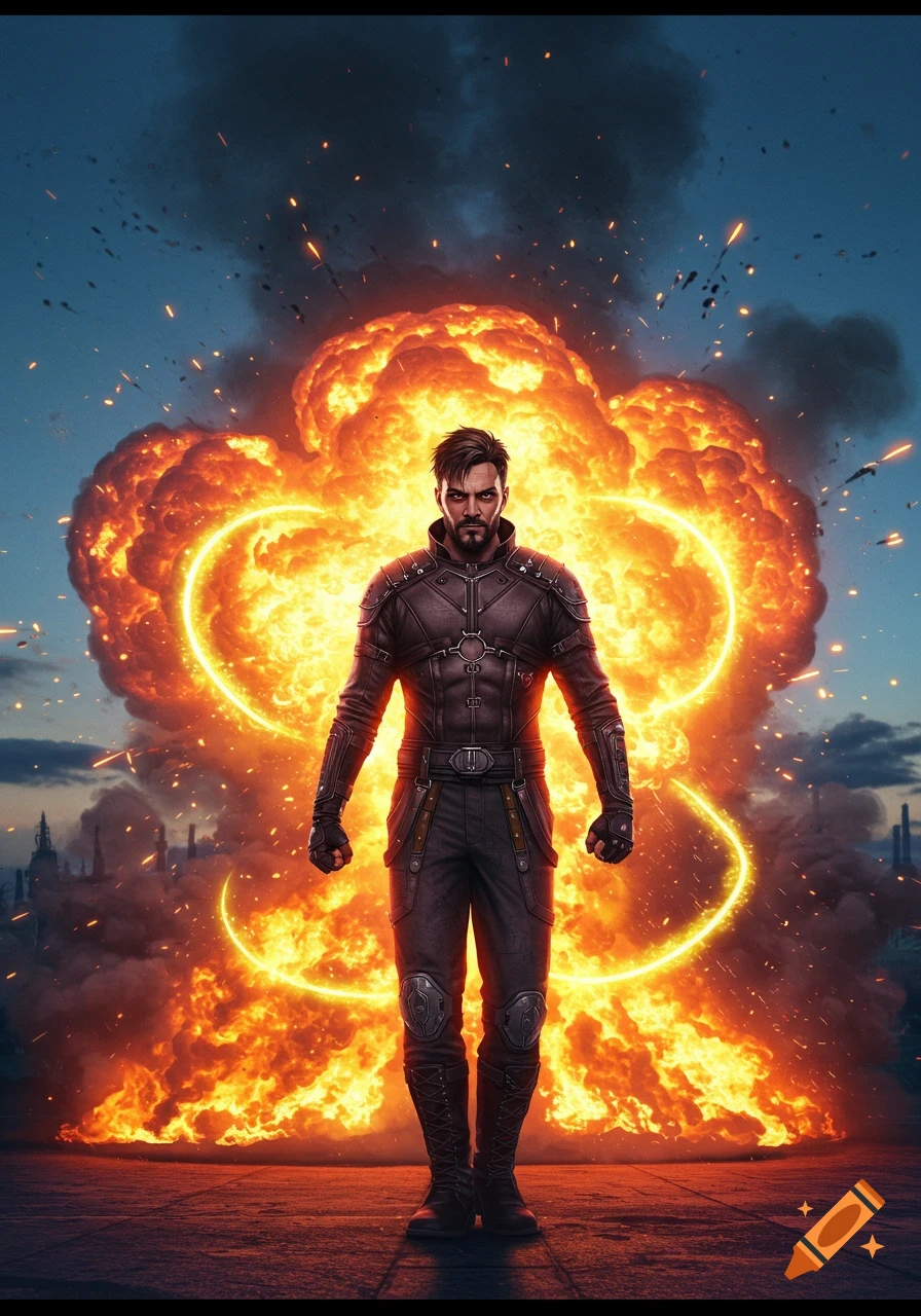 A man in a dark tactical suit stands defiantly in front of a massive orange explosion with swirling fire and sparks against a twilight sky.