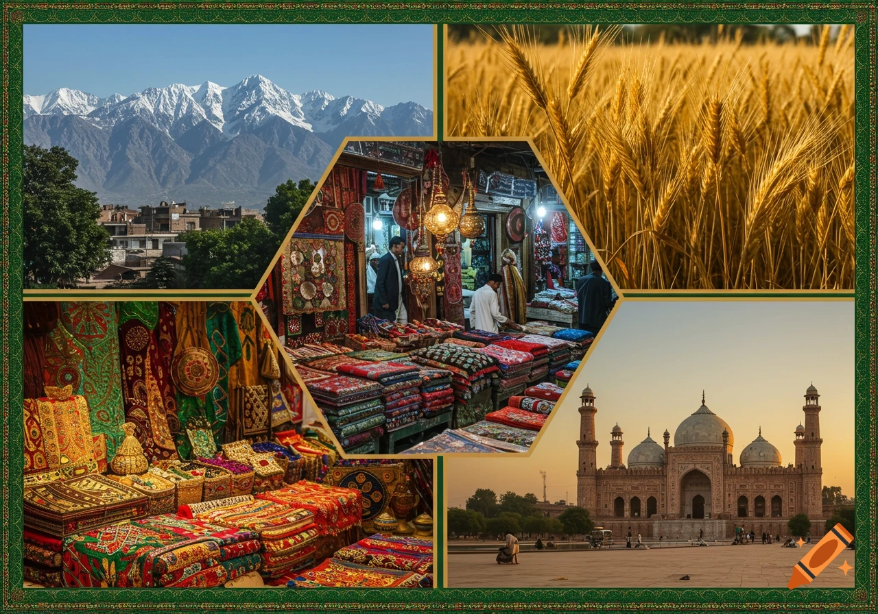 A collage showcasing Pakistan with snowy mountains, wheat fields, bustling markets, and a grand mosque at sunset.