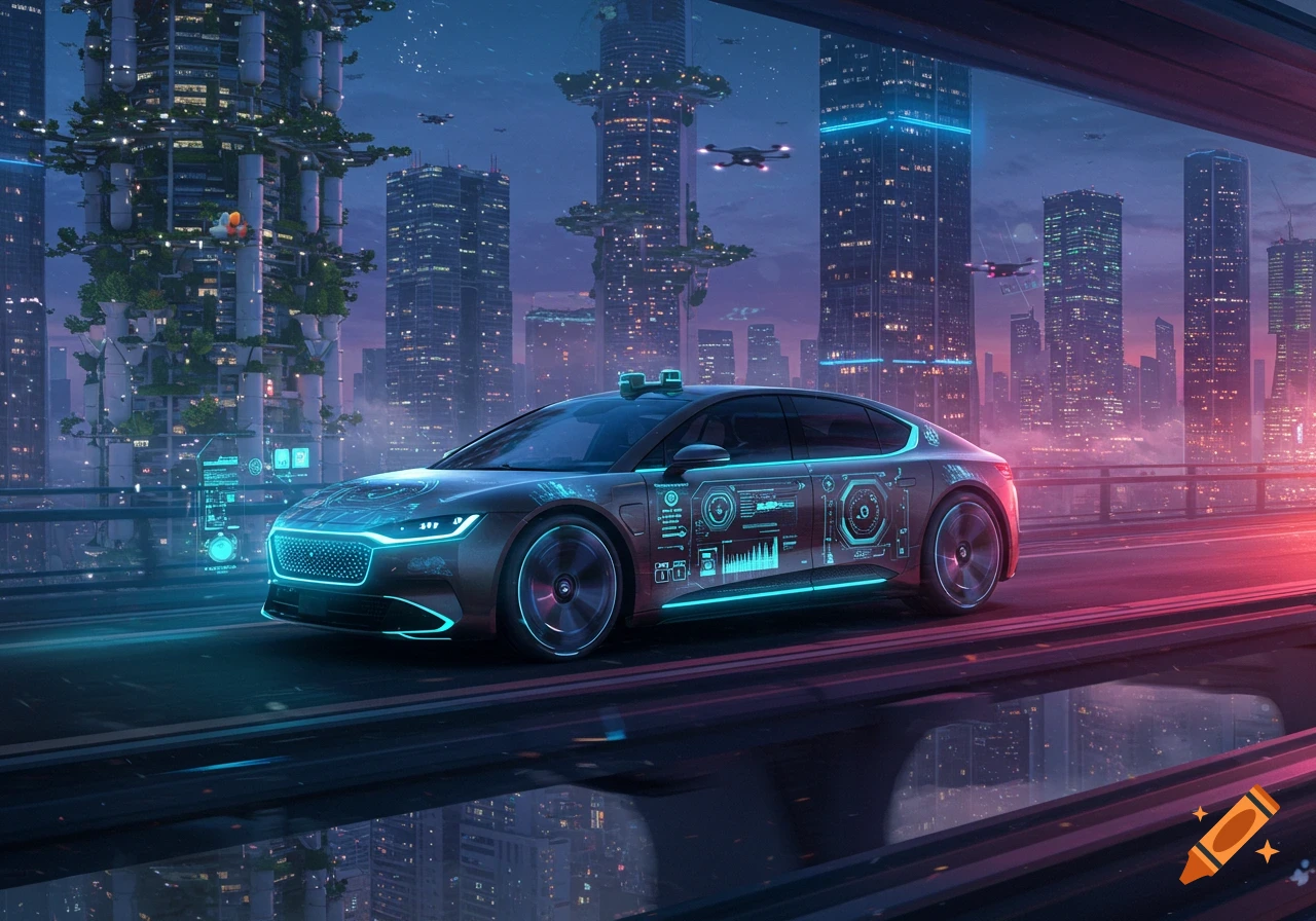 A sleek, glowing futuristic autonomous car on a highway in a vibrant neon cityscape at night, with flying drones and illuminated buildings.