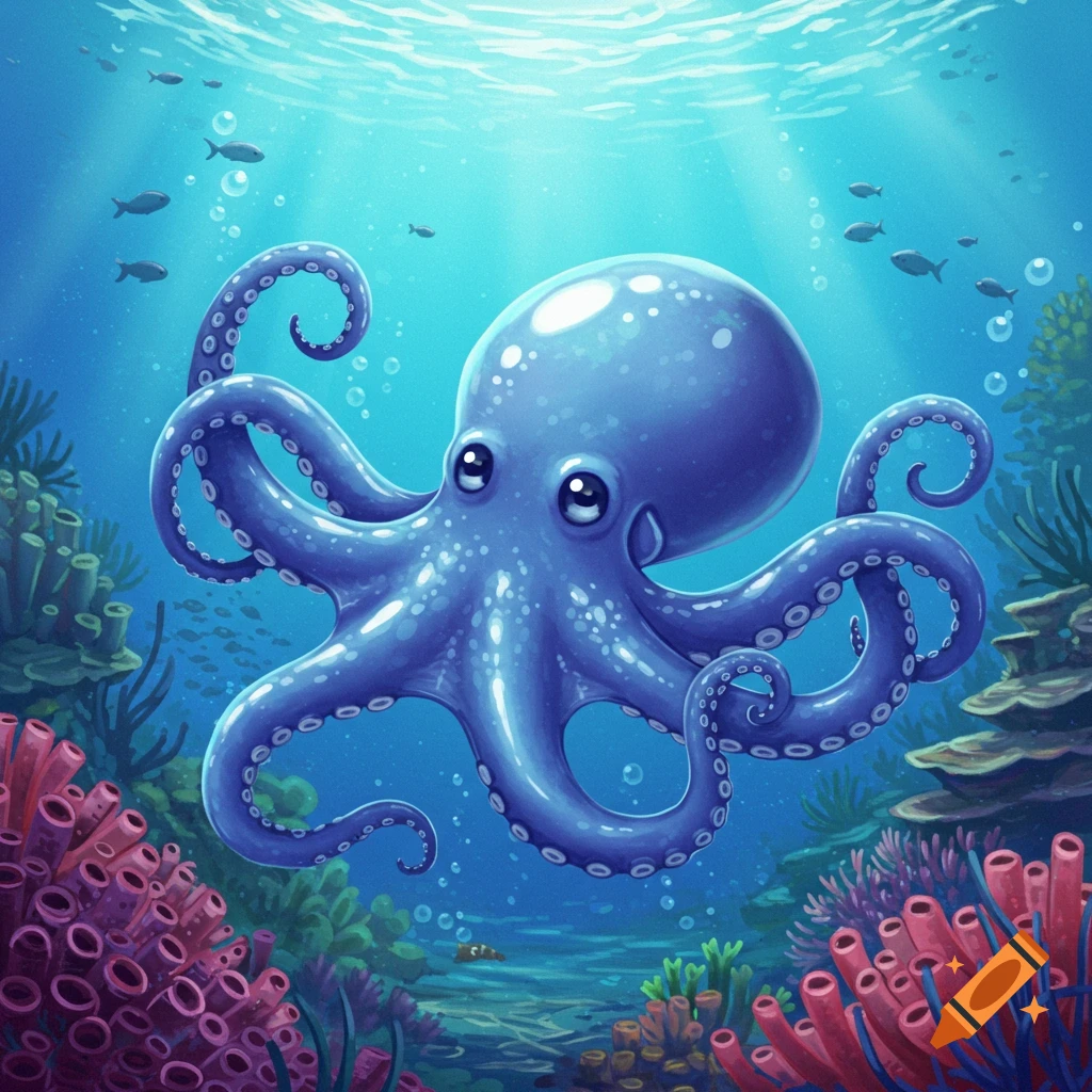 A cute blue cartoon octopus with large eyes swims underwater amidst colorful coral reefs and small fish, with sunlight streaming from above.