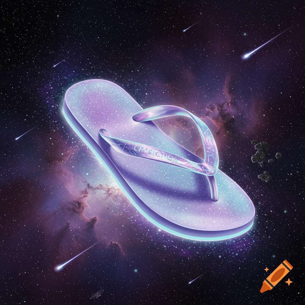 A shimmering, purple and blue flip-flop floats in deep space among stars, nebulae, and meteoroids.