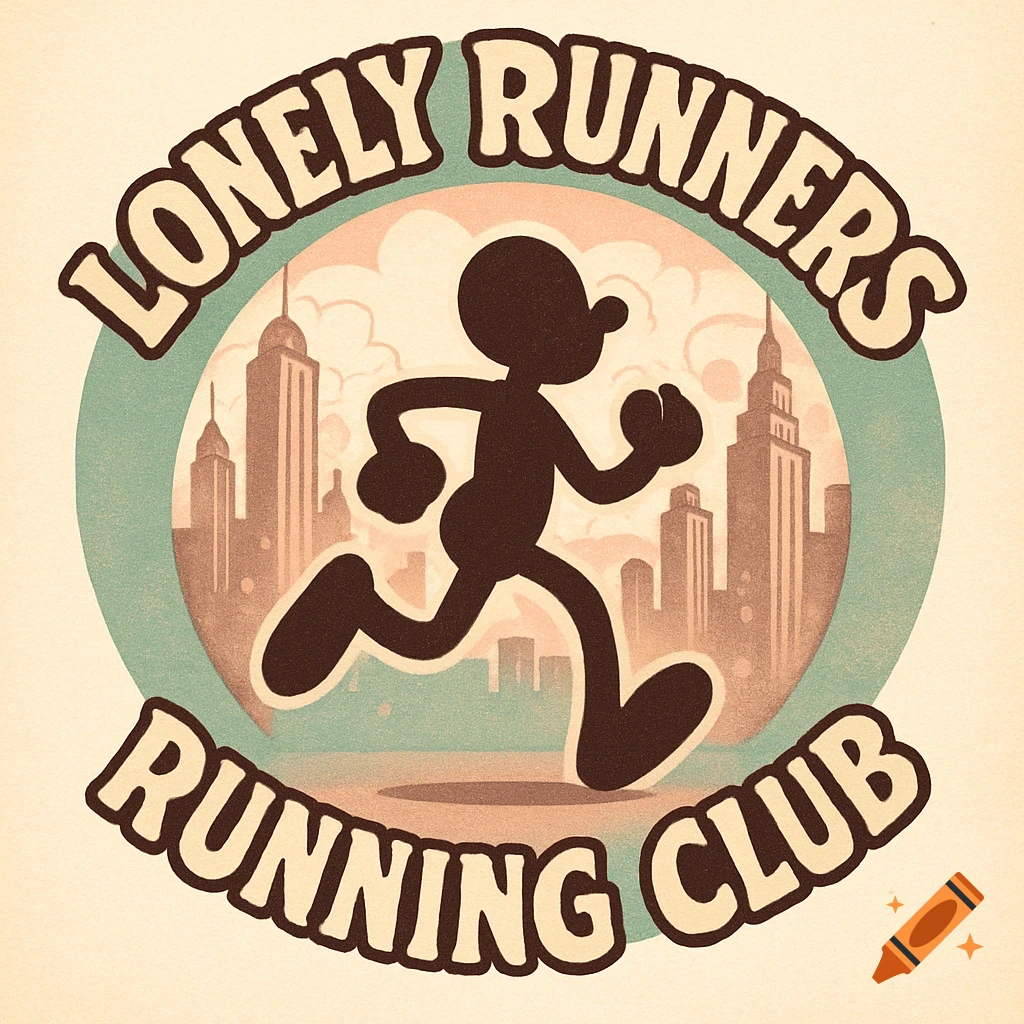 A retro cartoon logo for 'Lonely Runners Running Club' featuring a silhouette of a running man against a city skyline.