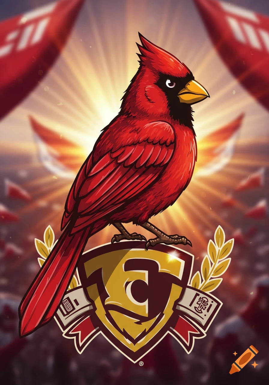 Cartoon red cardinal standing on a yellow and maroon shield logo with a 'C', against a sunburst background with red flags.