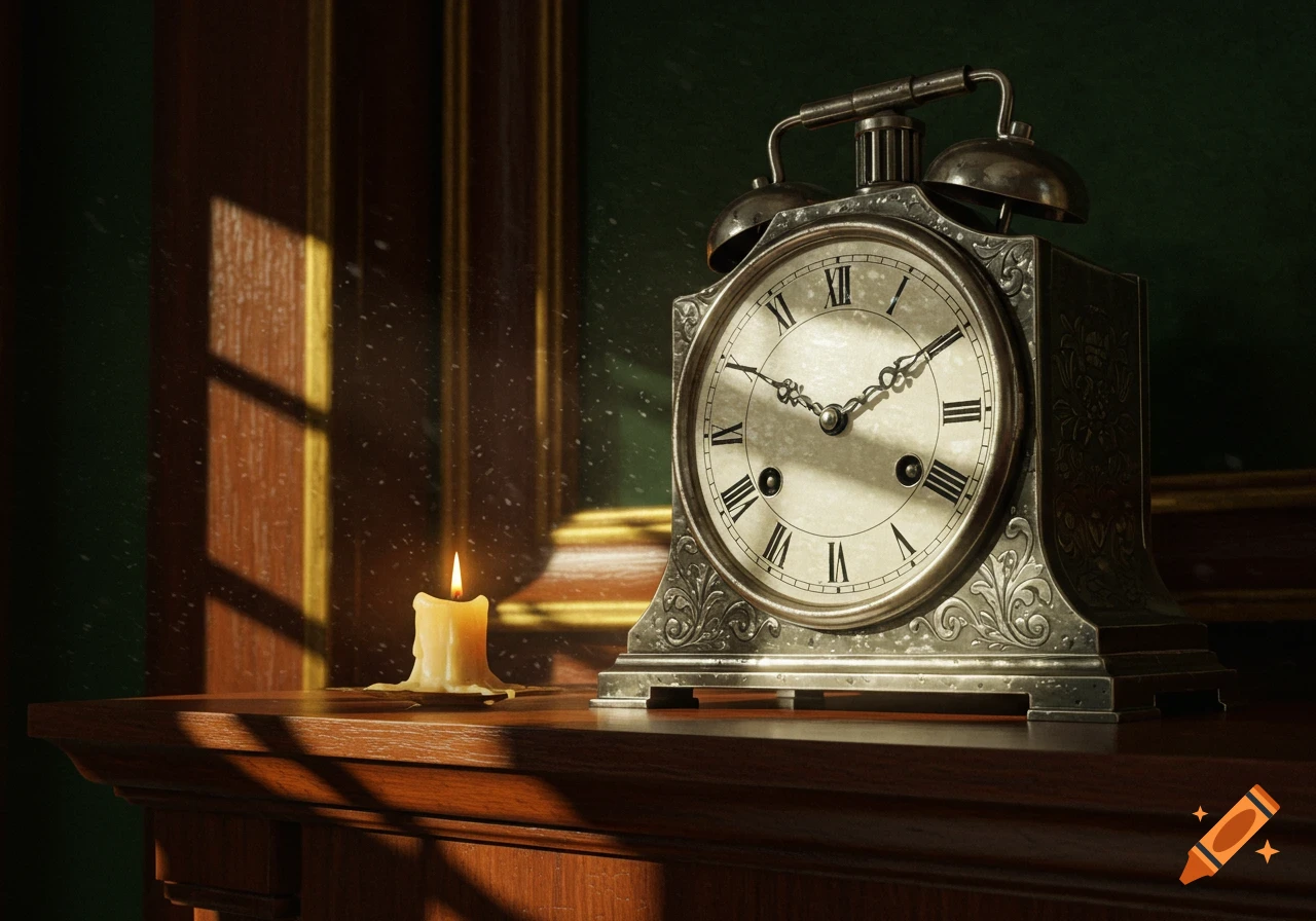 An antique silver alarm clock and a lit candle sit on a wooden mantelpiece, bathed in sunlight from a window.