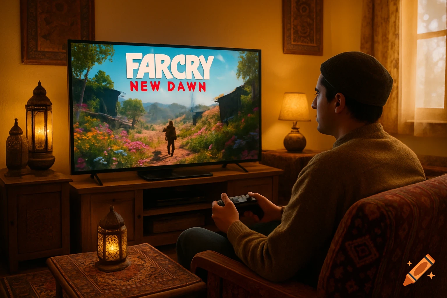 A man playing 'Far Cry New Dawn' on a large TV in a warm, dimly lit room, holding a controller.
