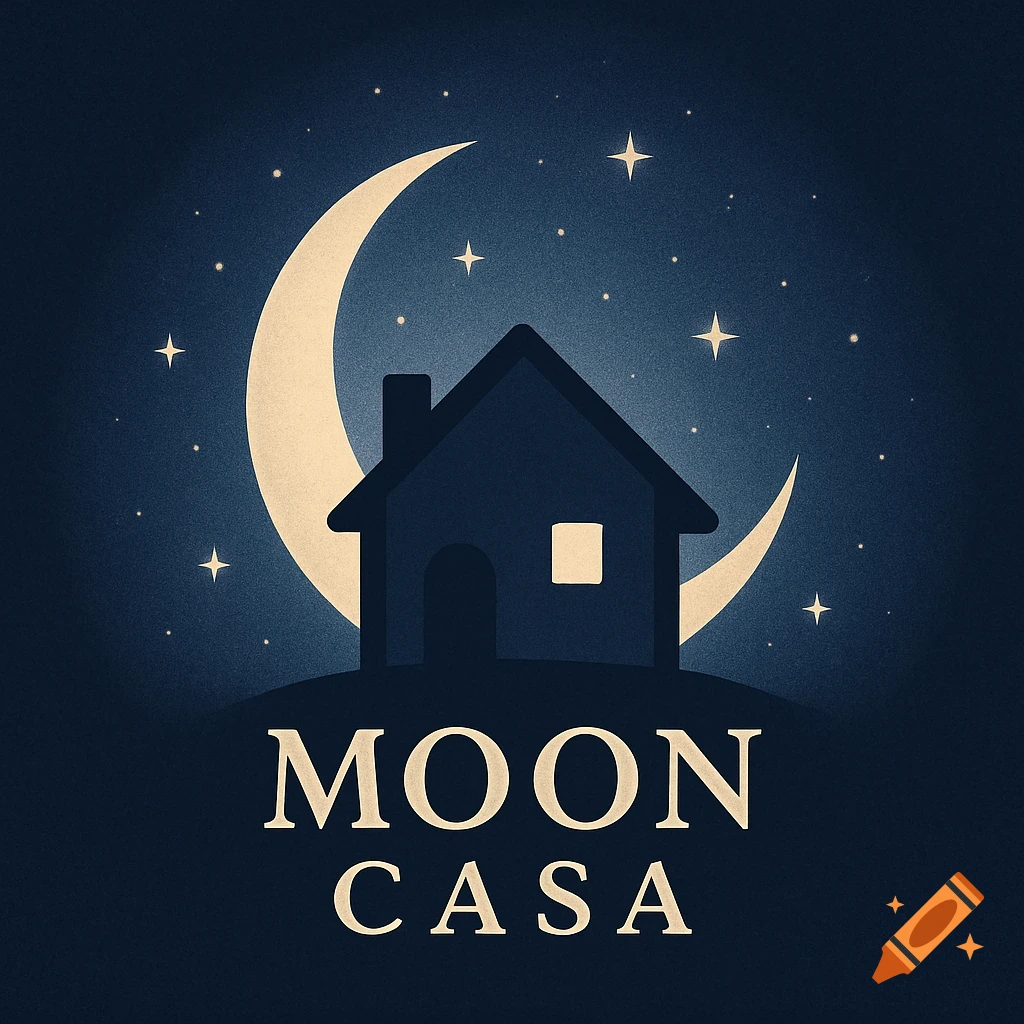 A stylized logo of a dark house silhouette against a crescent moon and stars on a dark blue background, with "MOON CASA" text.