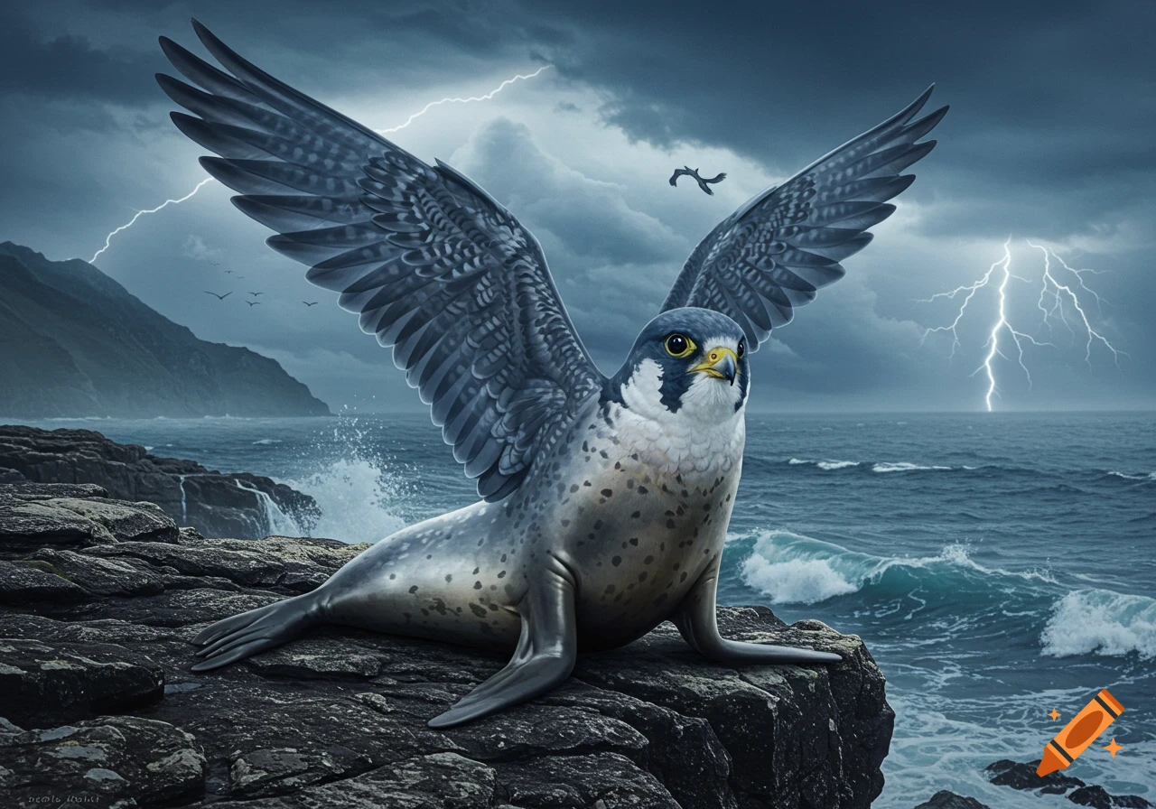 Photorealistic image of a peregrine falcon-headed seal with large wings perched on dark rocks by a stormy sea with lightning.