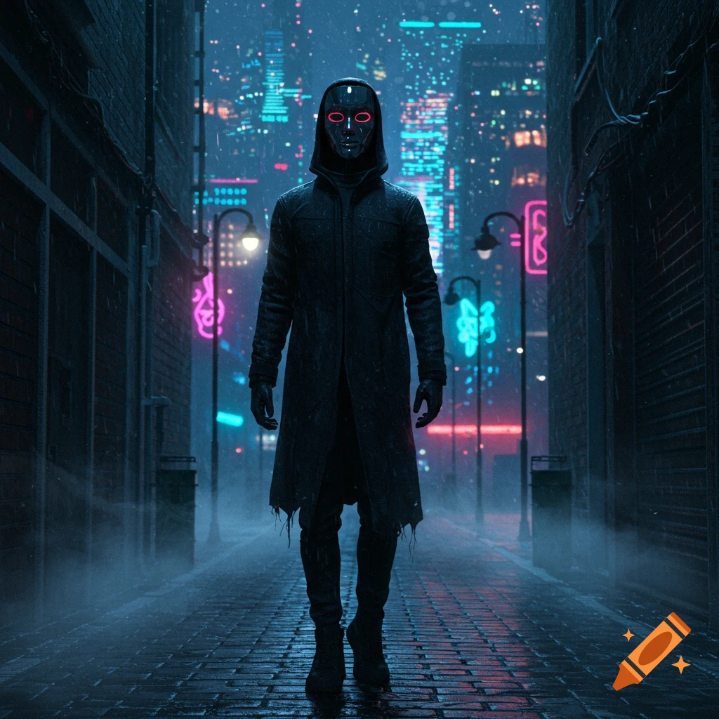 A masked figure in a long black coat stands in a rainy, neon-lit cyberpunk city alley at night.