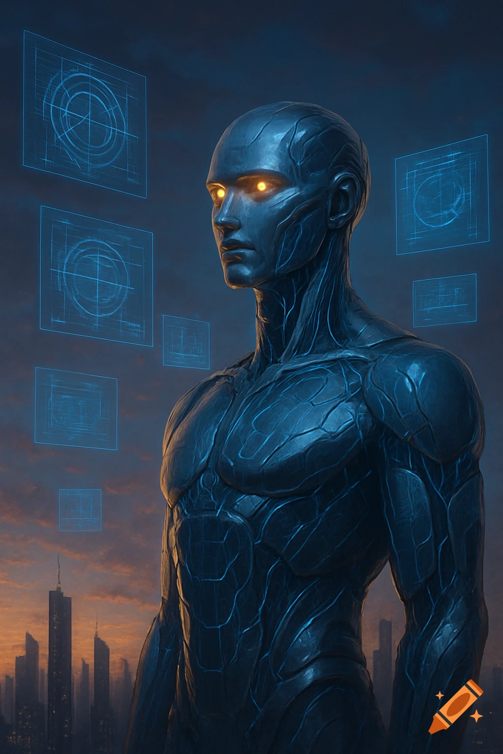 A muscular, metallic humanoid robot with glowing eyes stands over a city at sunset, surrounded by floating blue holographic blueprints.
