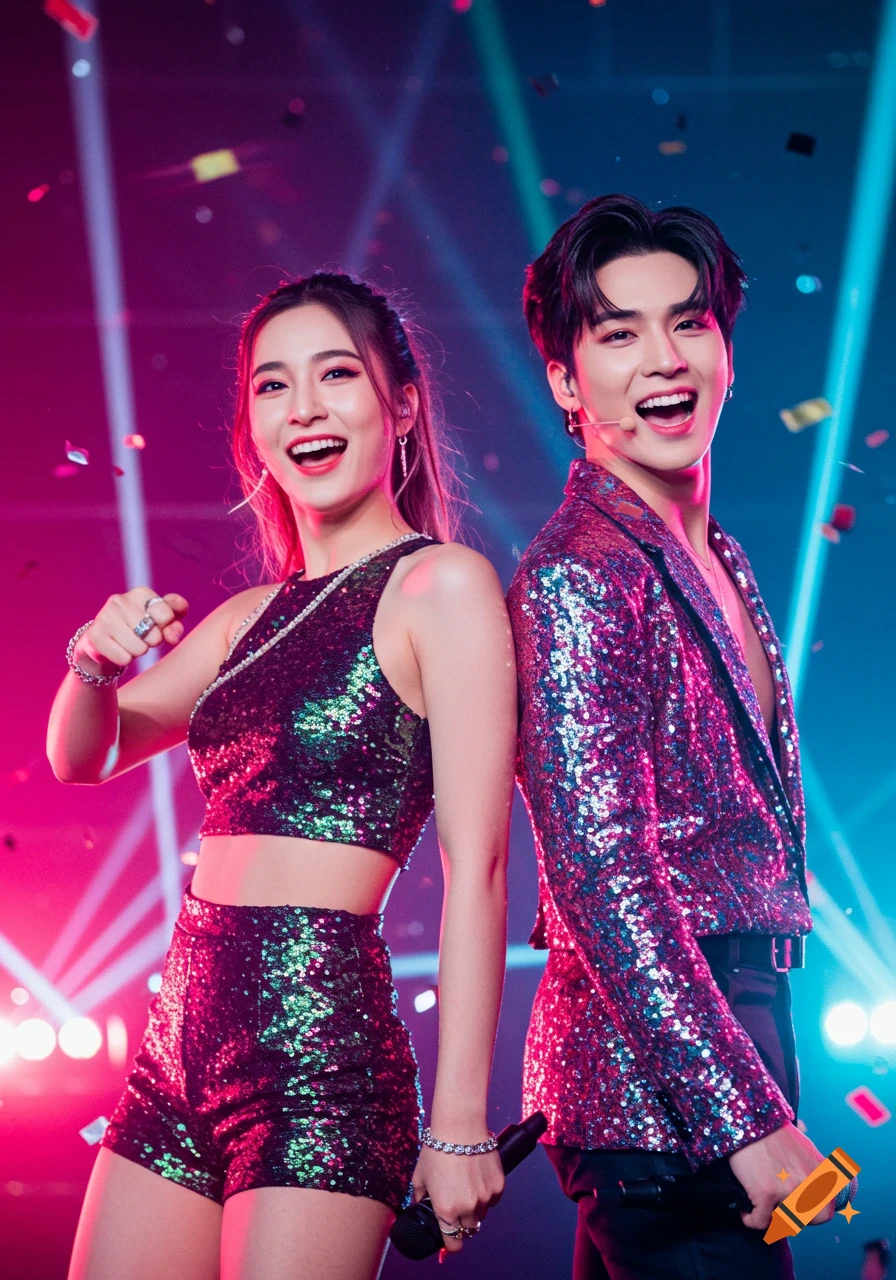 Two smiling idols, a man and a woman in sequined outfits, pose back-to-back on a vibrant stage with falling confetti.