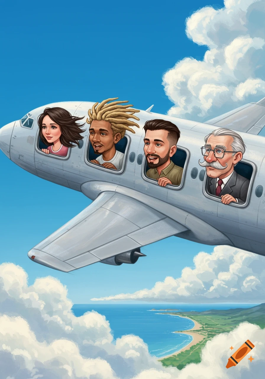 Caricature pastel painting of an airplane with four diverse passengers looking out windows, flying over a scenic coastline with clouds.