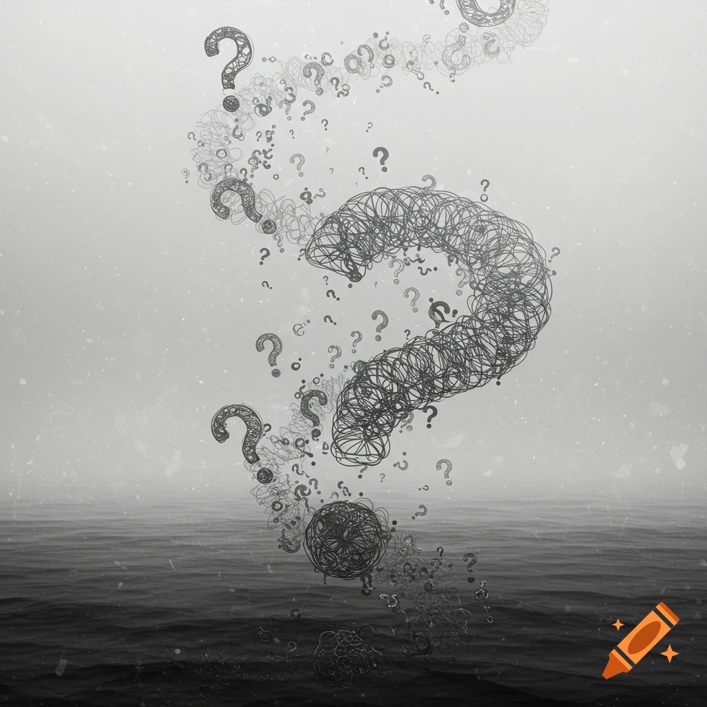 Monochrome, hazy image showing multiple question marks swirling above a dark, rippling body of water.