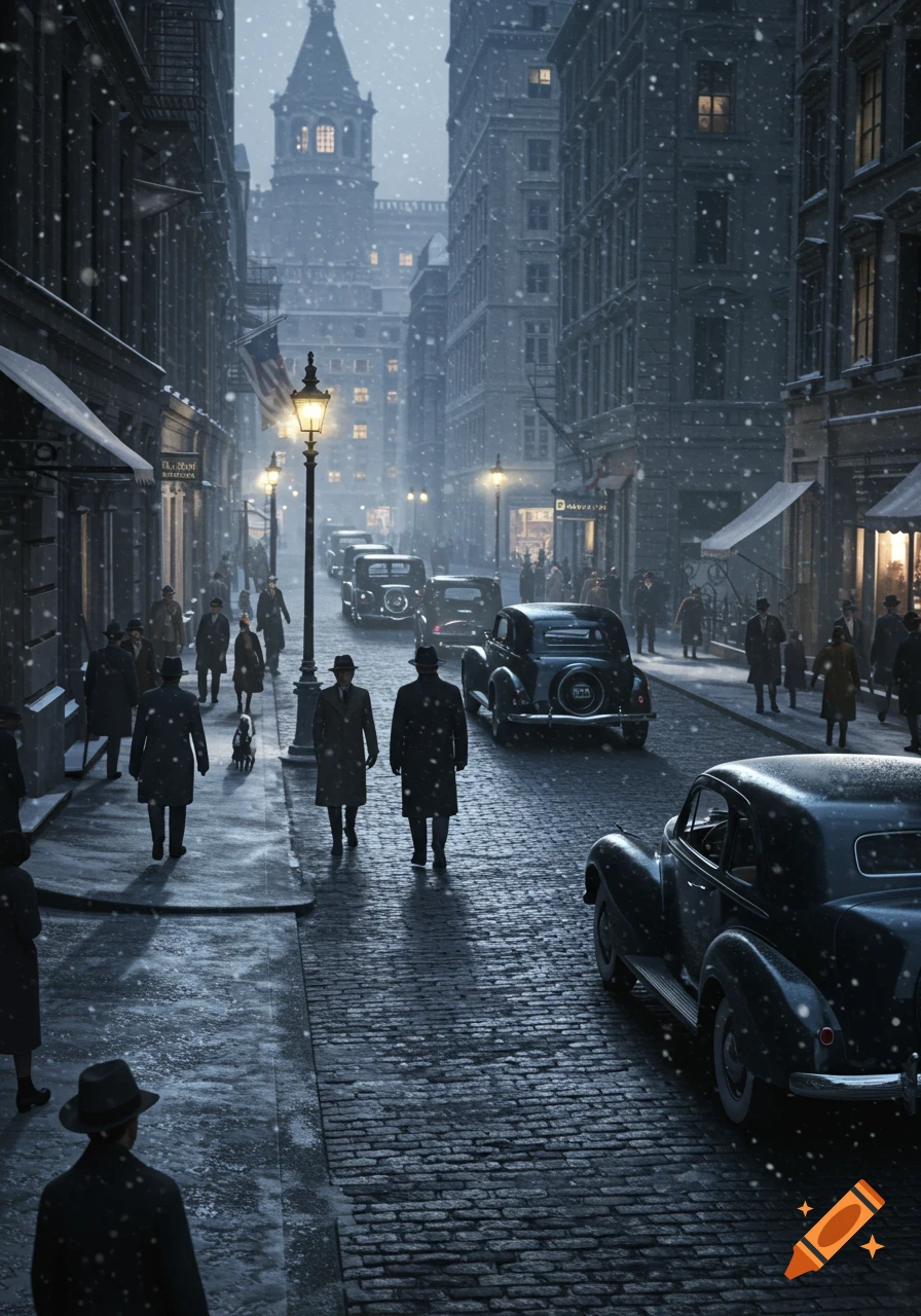 A snowy, dimly lit vintage city street with pedestrians in coats, classic cars, and tall buildings under a dark sky.