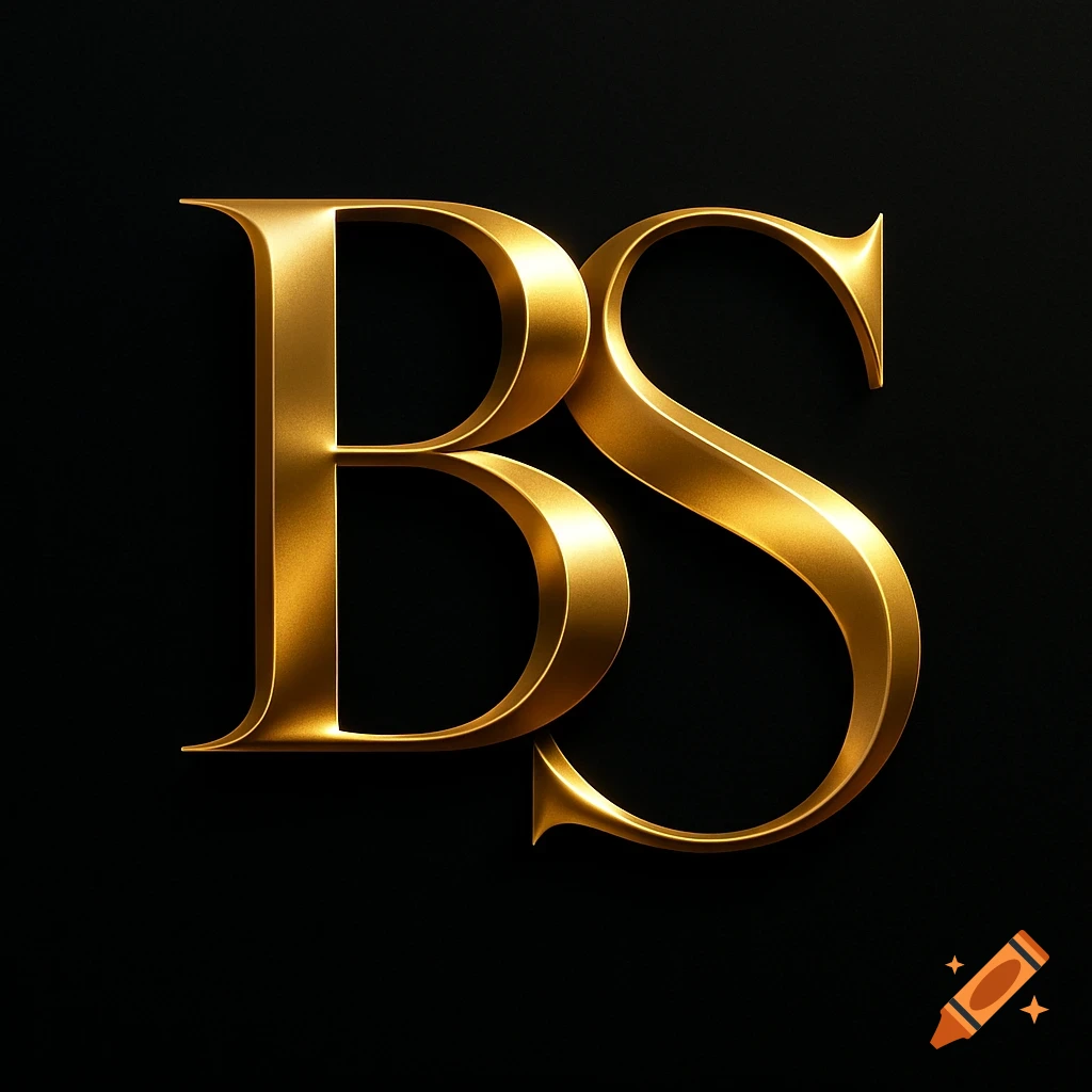Two ornate golden letters, 'B' and 'S', rendered in a shiny 3D style on a dark black background.