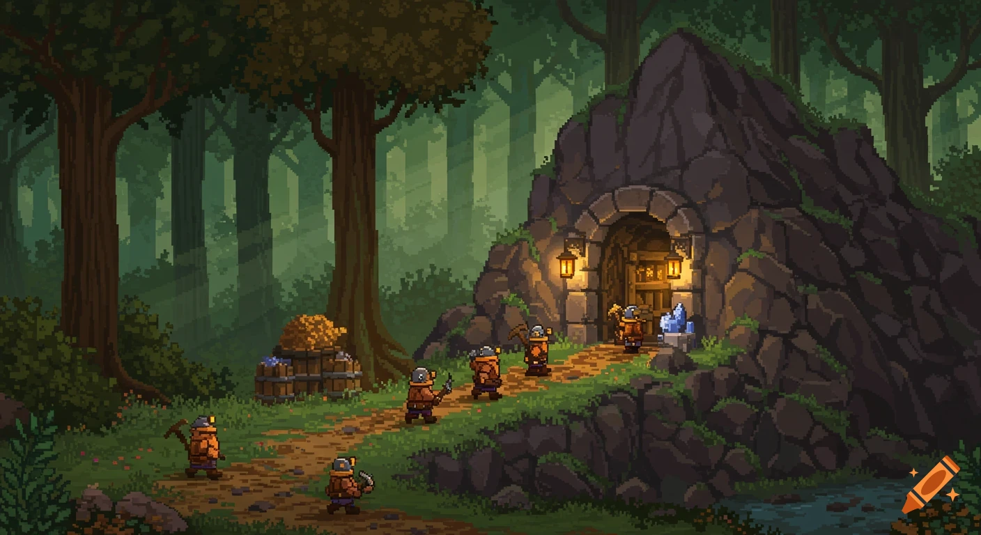 Pixel art scene of small dwarf miners with picks walking towards a glowing mine entrance in a dense forest with sunbeams.