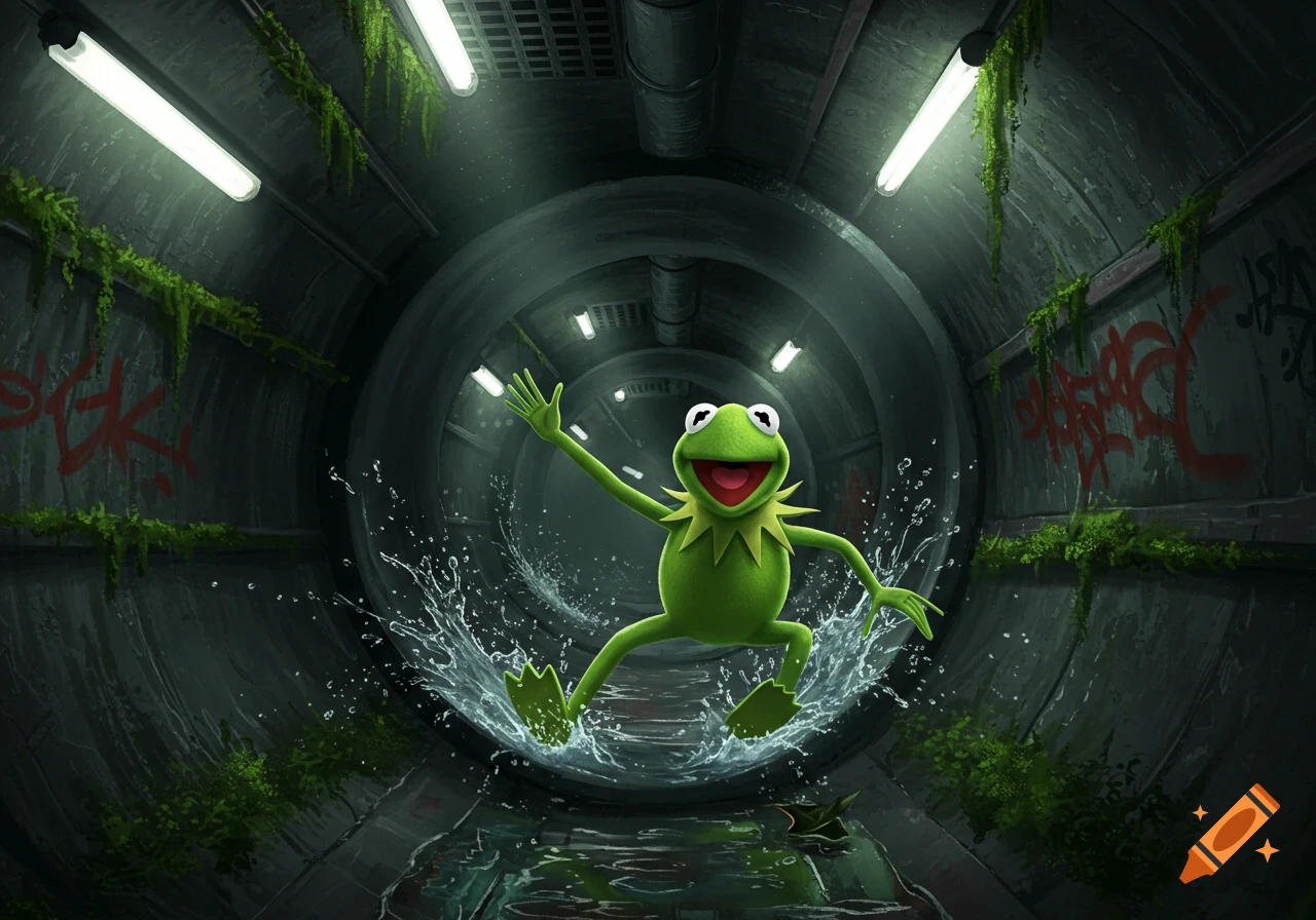 Kermit the Frog slides happily through a dark, mossy sewer tunnel with water splashing.