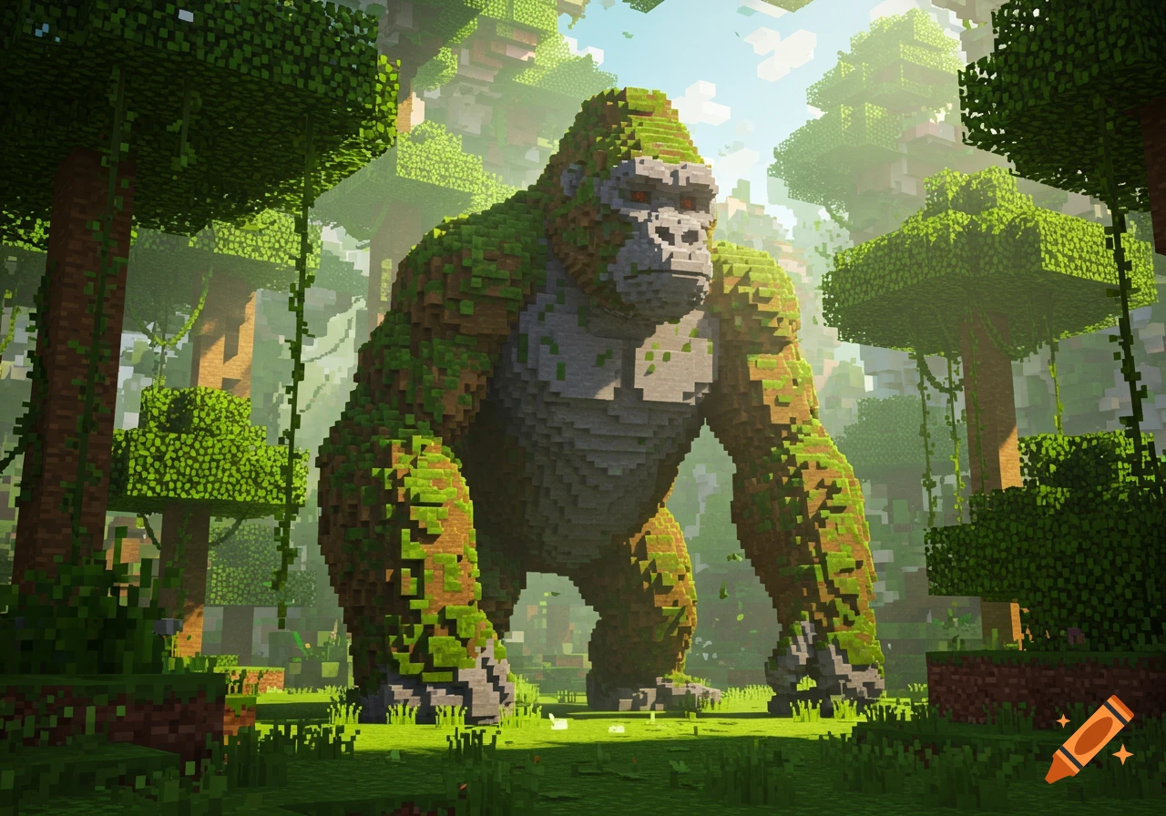 A large, blocky gorilla covered in green moss stands in a sunlit Minecraft jungle.