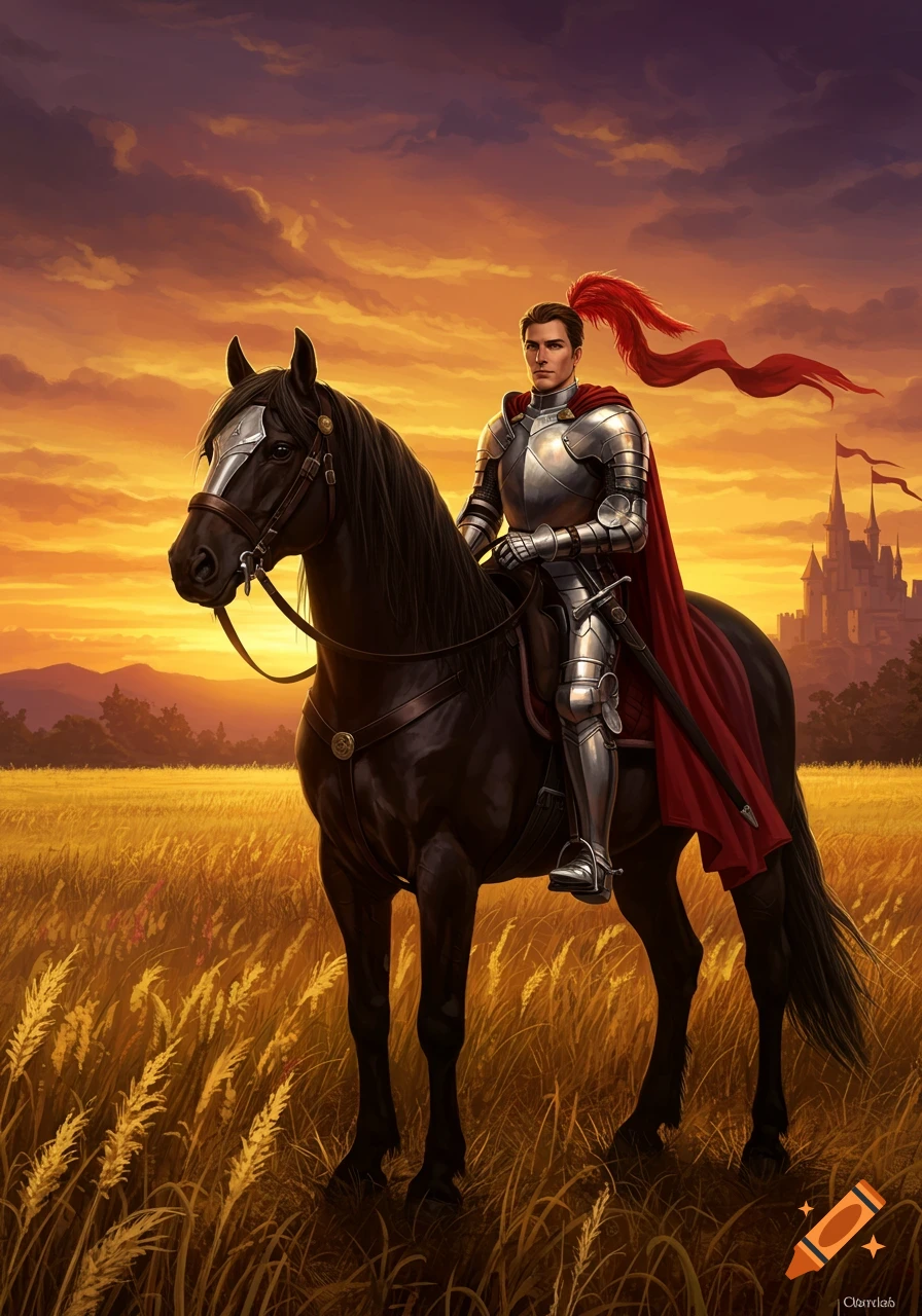 A knight in shining armor on a black horse stands in a golden field at sunset, with a castle in the distance.