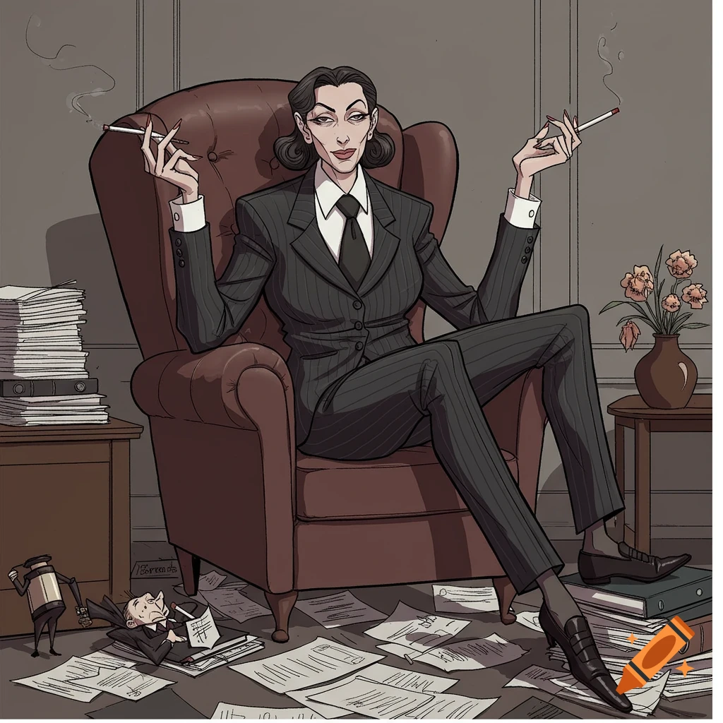 Caricatured woman in a pinstripe suit sits confidently in an armchair, smoking, while a small man lies defeated on scattered papers.