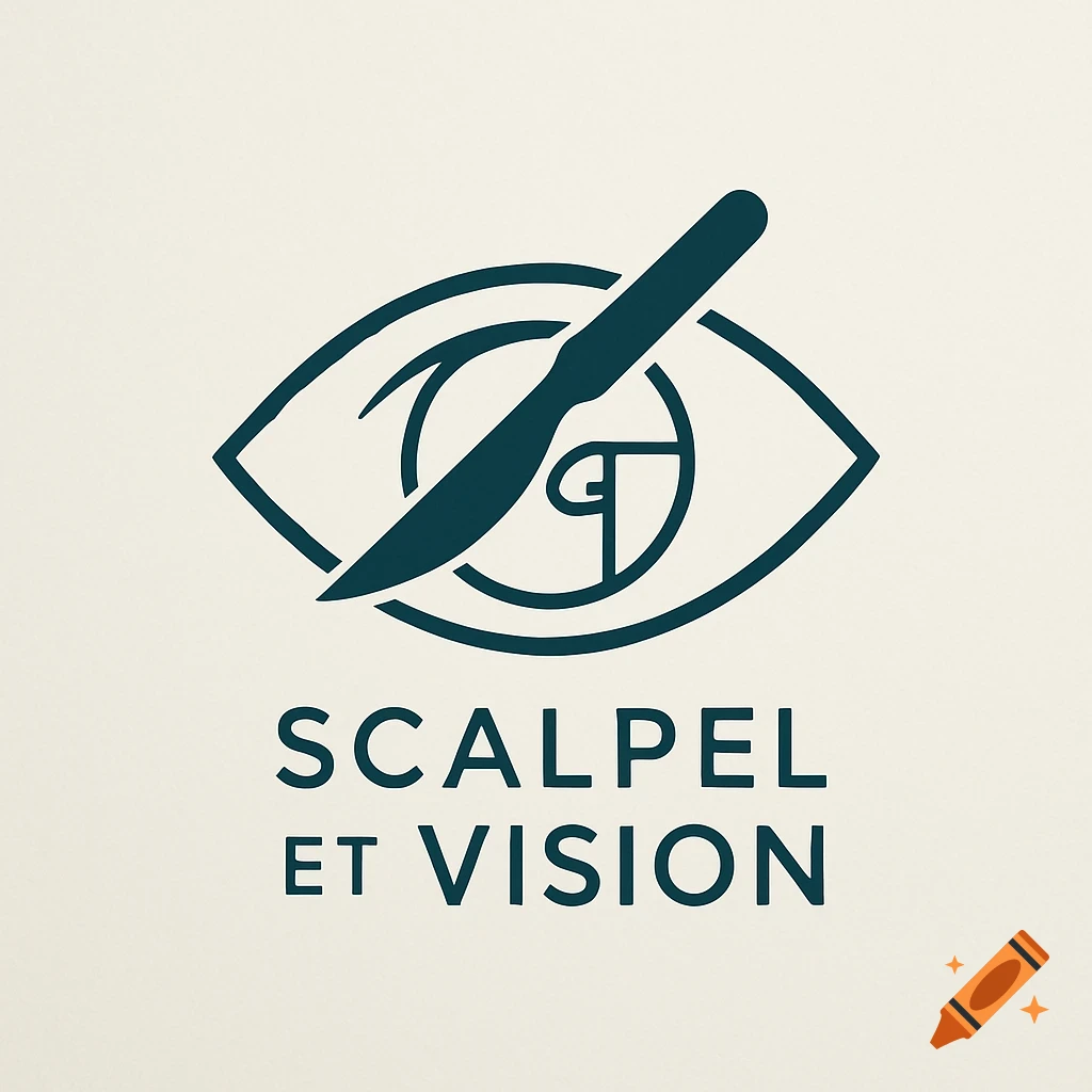 A modern logo featuring a stylized teal scalpel across a minimalist eye, with a Fibonacci spiral inside, above the text 'SCALPEL ET VISION' on a cream background.