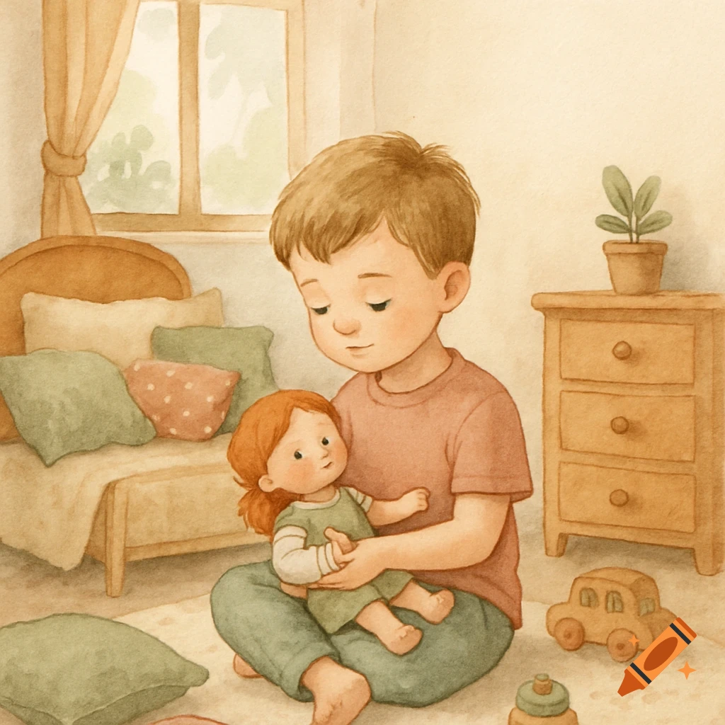 A watercolor illustration of a young boy sitting on the floor of a cozy bedroom, gently holding a doll.