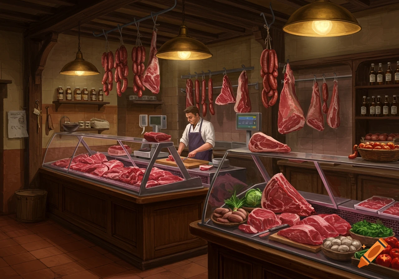 Illustrated scene of a butcher shop with a man cutting meat, display cases of fresh meat, sausages, and produce.