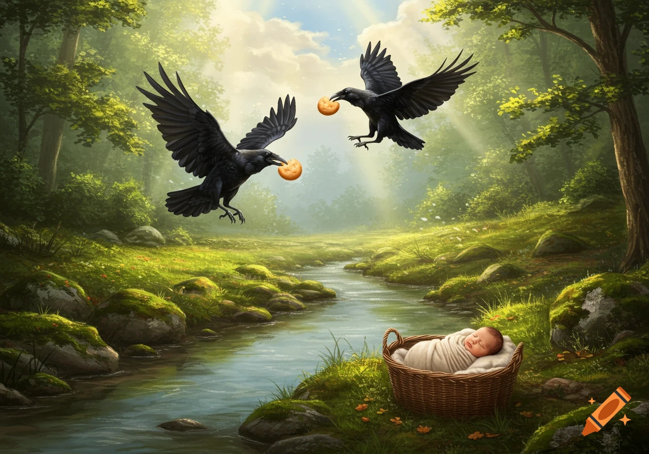 Two ravens carry bread to a swaddled baby in a basket by a brook in a sunlit, mossy forest. Detailed illustration.