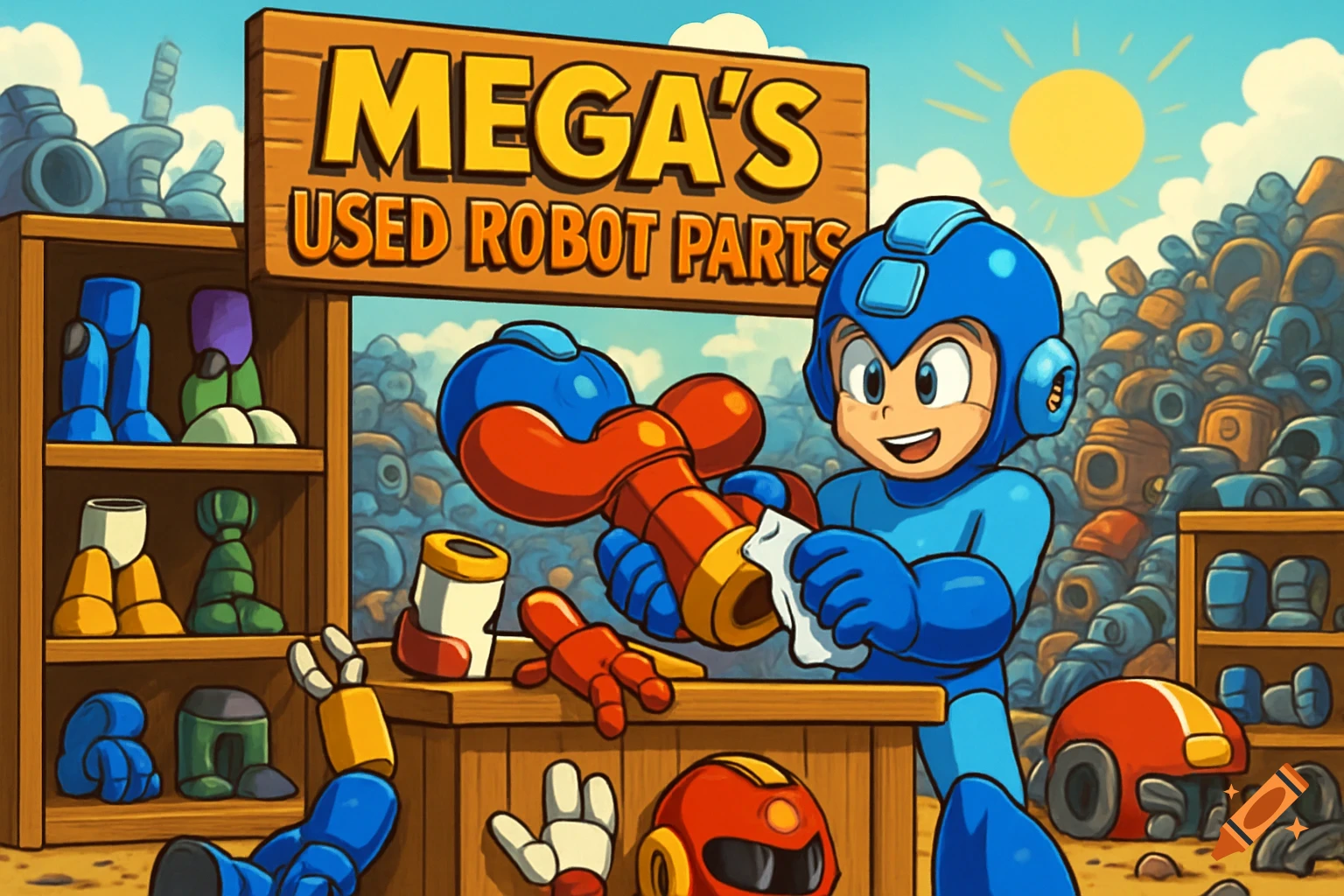Mega Man selling 'Mega's Used Robot Parts' in a junkyard, polishing a robot arm, in retro video game art style.