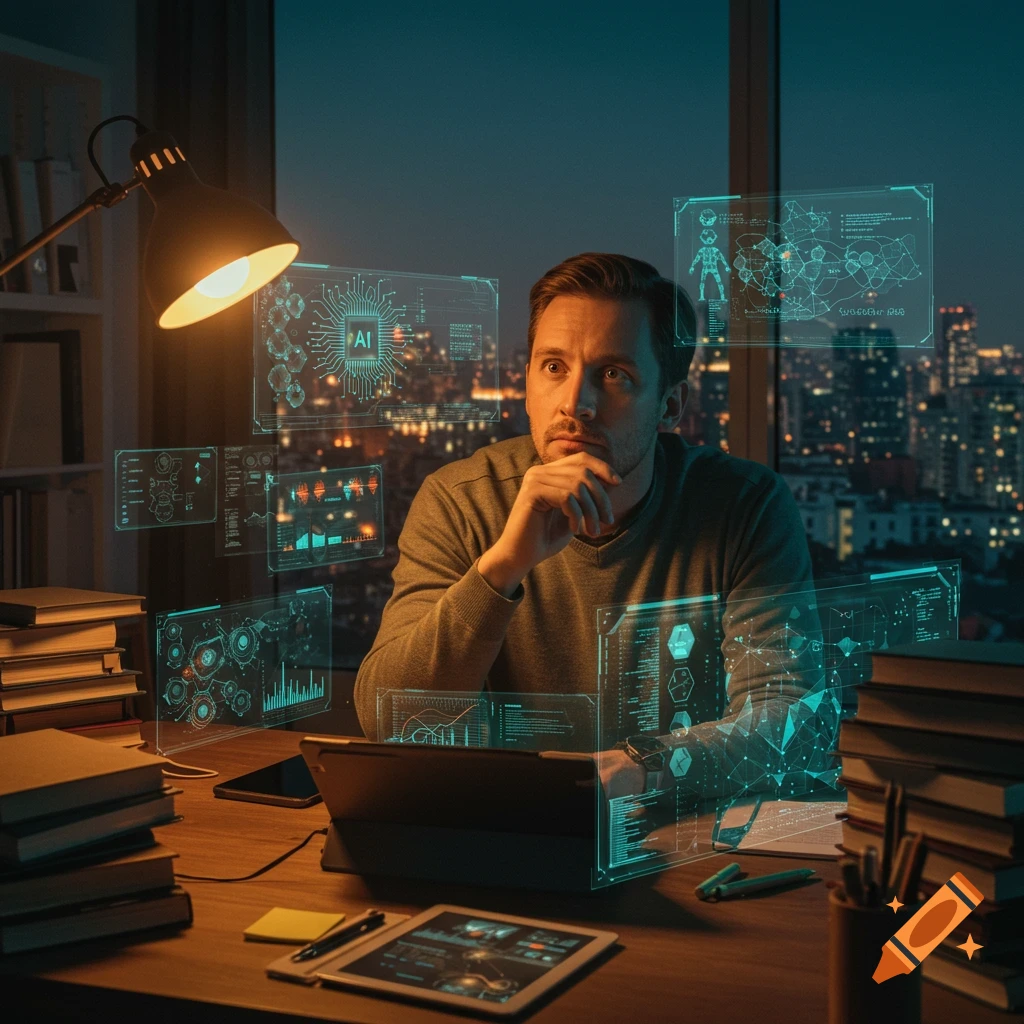 A man sits at a desk in a dark room overlooking a city at night, surrounded by glowing holographic AI interfaces and books, deep in thought.