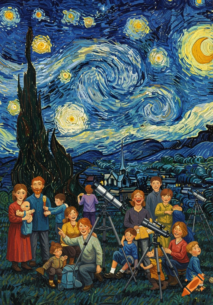 Van Gogh-style painting of families with telescopes at a star party under a vibrant, swirling night sky.