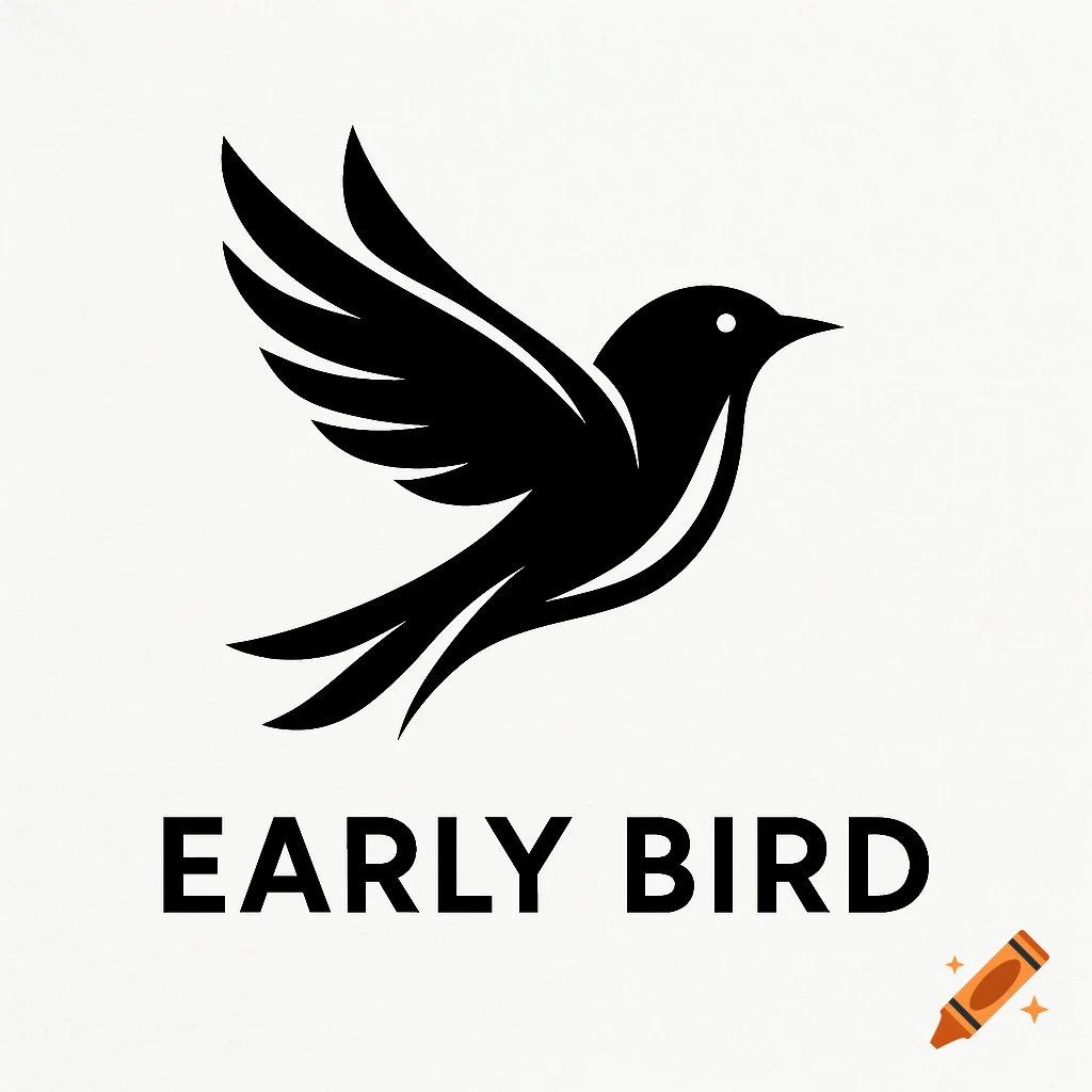 Black minimalist logo of a bird flying with the text 'EARLY BIRD' below it.