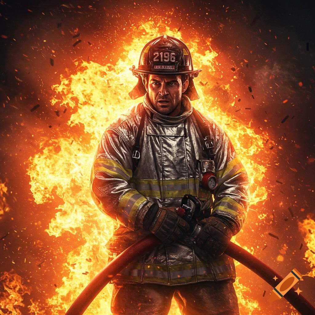 A photorealistic depiction of a firefighter in full gear, standing heroically amidst intense flames and smoke, holding a hose.