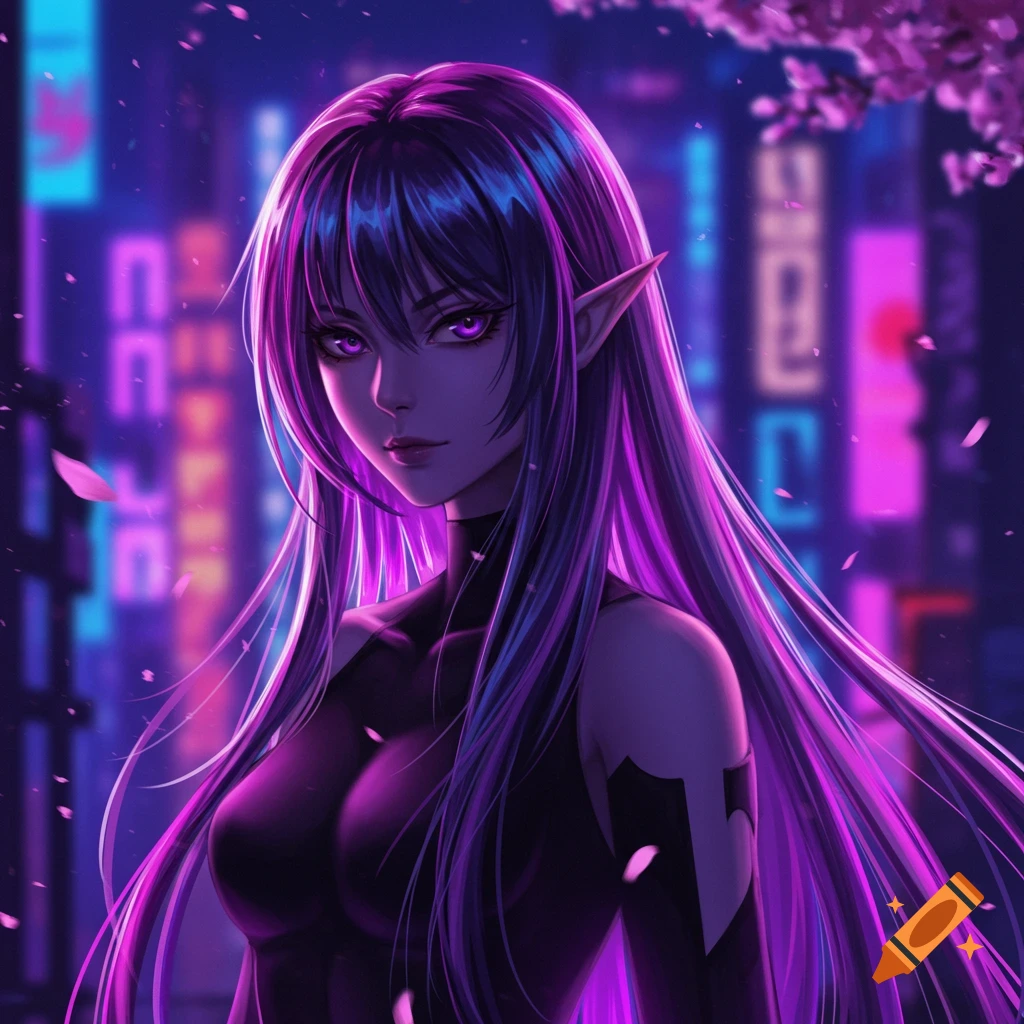 An anime elf girl with long, vibrant purple hair and eyes stands in a neon-lit city at night, with cherry blossoms falling around her.
