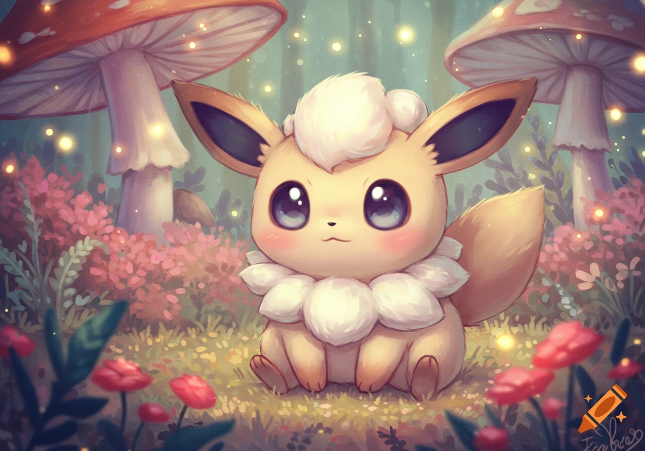 A cute, fluffy, fawn-colored creature resembling a Pokemon (Eevee/Flareon) with large eyes sits in a magical forest with glowing mushrooms.