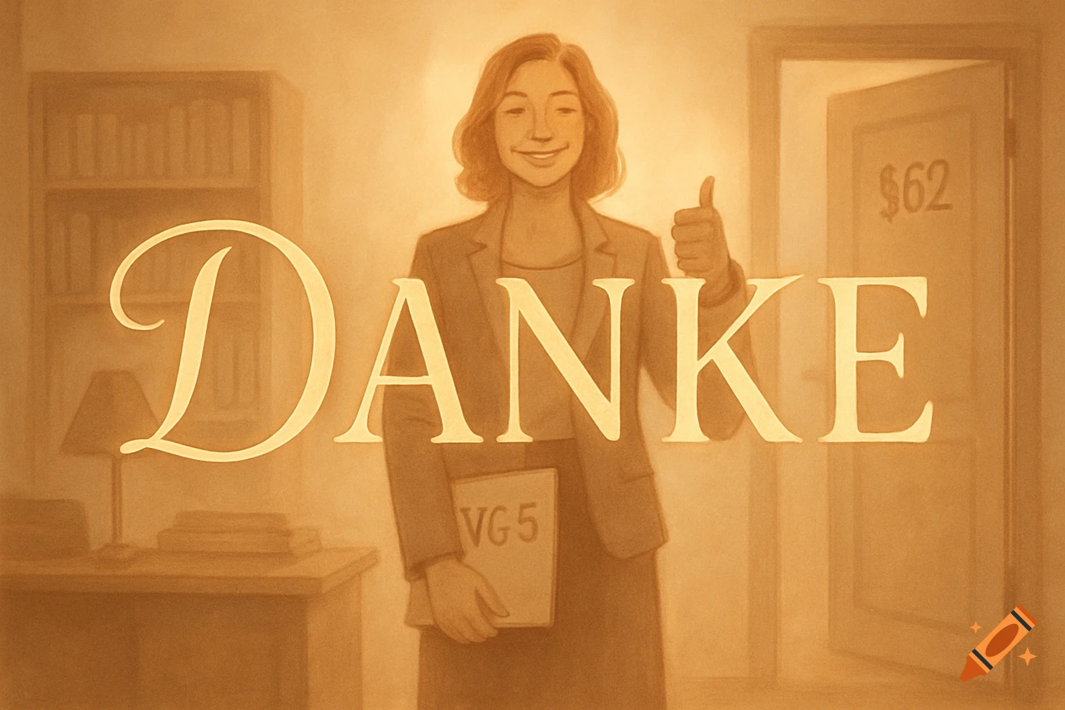 An illustration of a smiling woman in an office giving a thumbs up, with the word "DANKE" in large letters in the foreground.