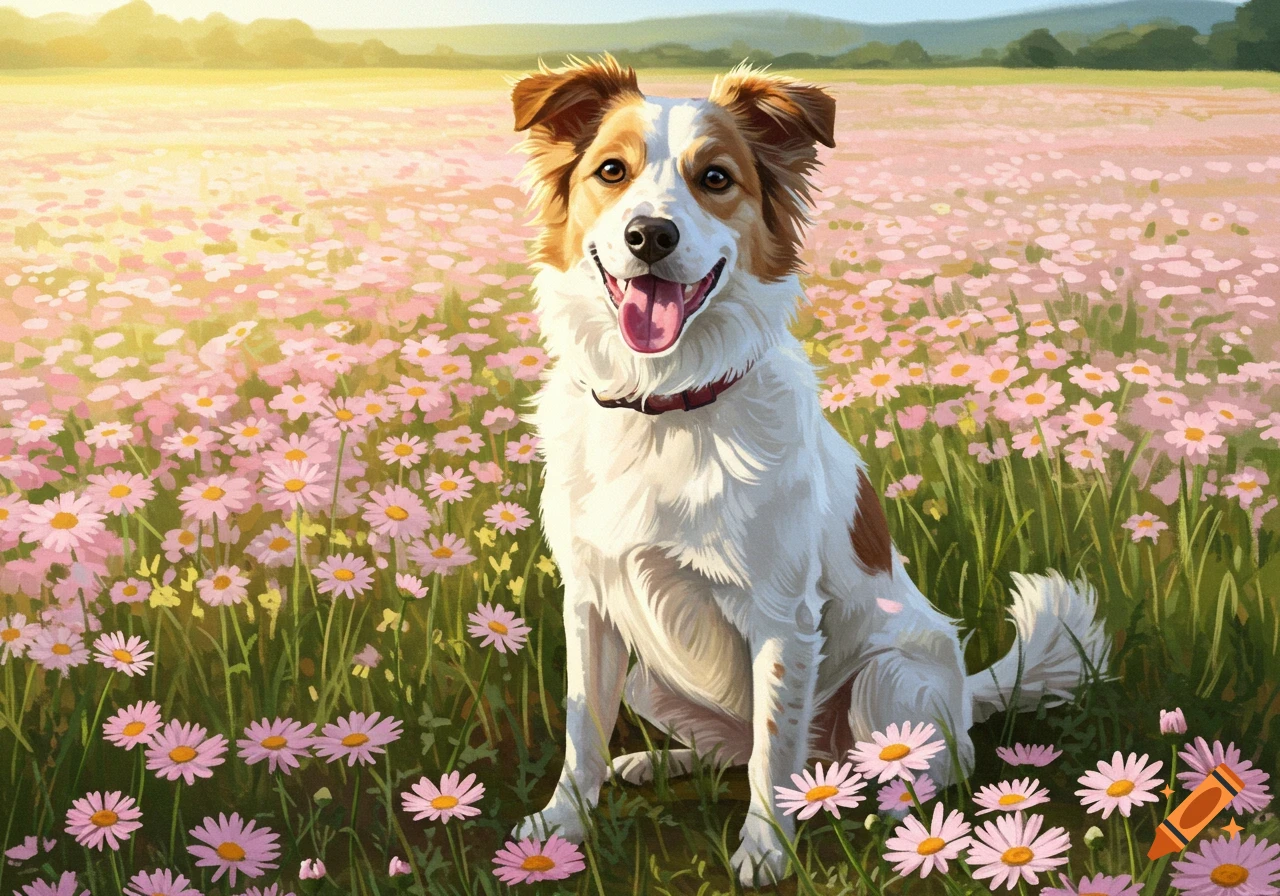 A white and brown dog with a happy expression sits in a vibrant field of pink daisies under a sunny sky, in a painterly style.
