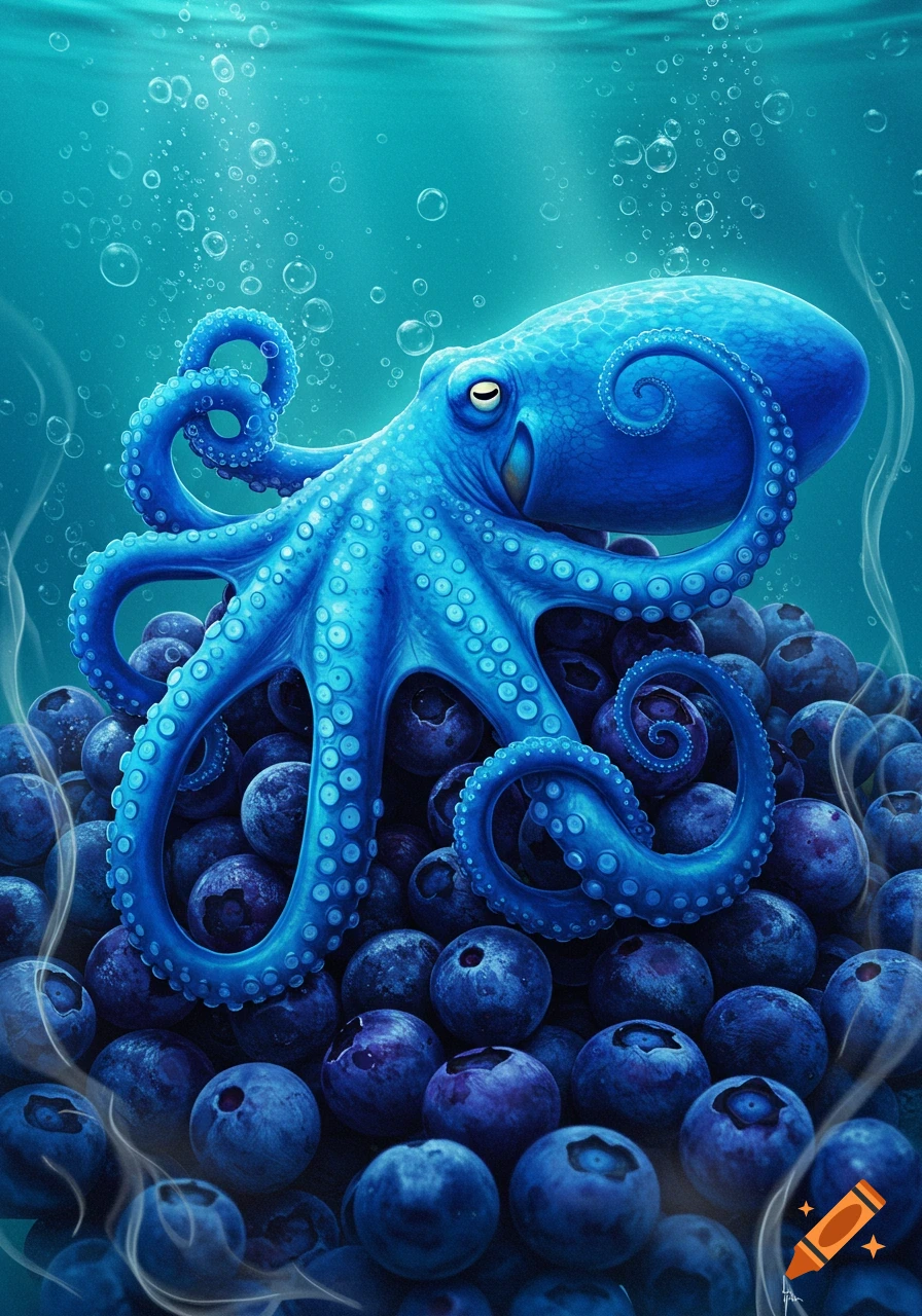 Vibrant blue octopus in turquoise water, submerged in a pile of blueberries with bubbles rising.