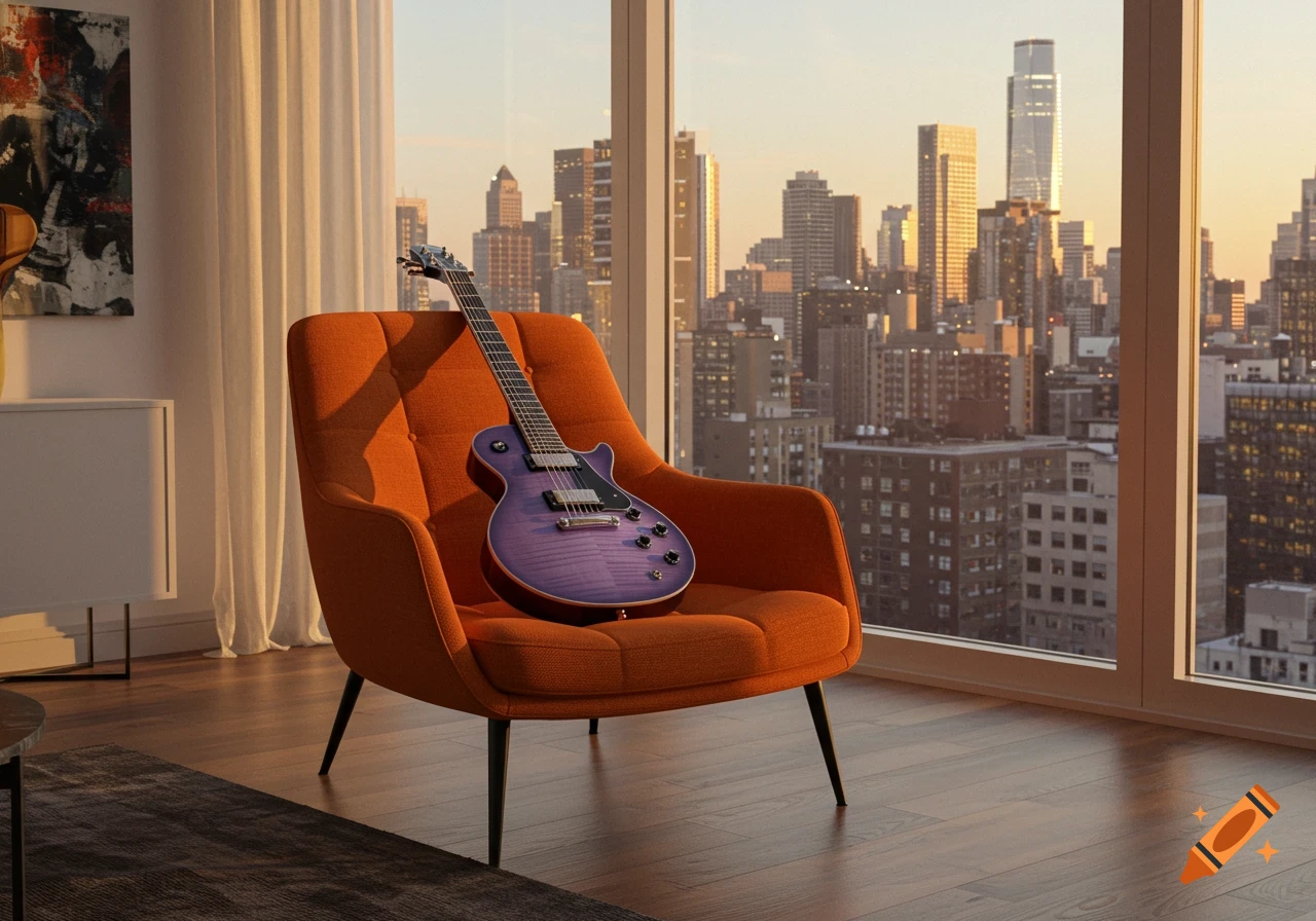 A photorealistic purple guitar rests on an orange armchair in an upscale apartment, with a city skyline visible through a large window at sunset.