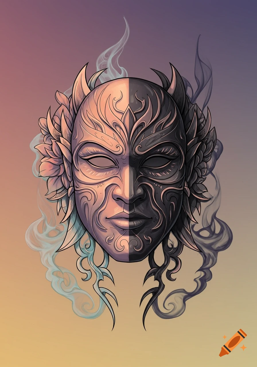 A stylized mask split vertically, half light with floral designs, half dark with horns and smoke, on a gradient background.