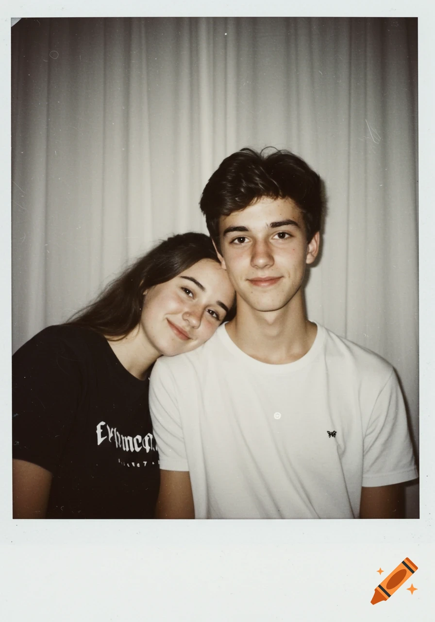 A young couple in a vintage Polaroid-style photo; the woman rests her head on the man's shoulder against a white curtain.