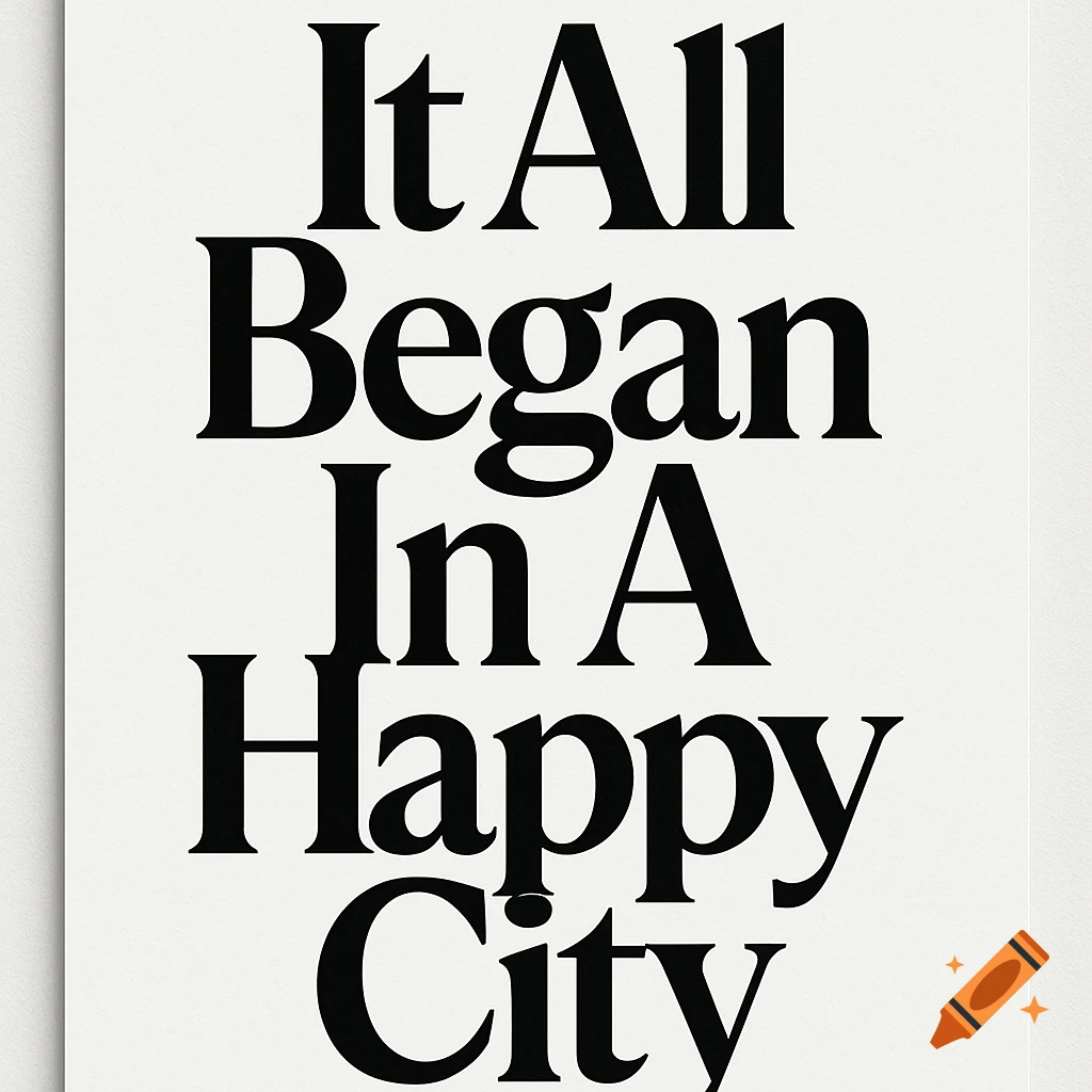 Black serif text 'It All Began In A Happy City' on a white background.