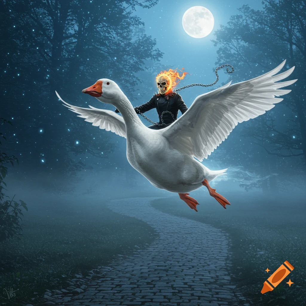 A flaming-skull skeleton, resembling Ghost Rider, flies through a misty forest at night on the back of a large white goose under a full moon. Dark fantasy illustration.