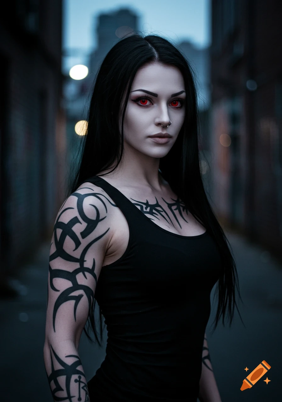 Androgynous goth woman with long black hair, pale skin, red eyes, and tribal tattoos on arms and chest, standing in a dim alley.