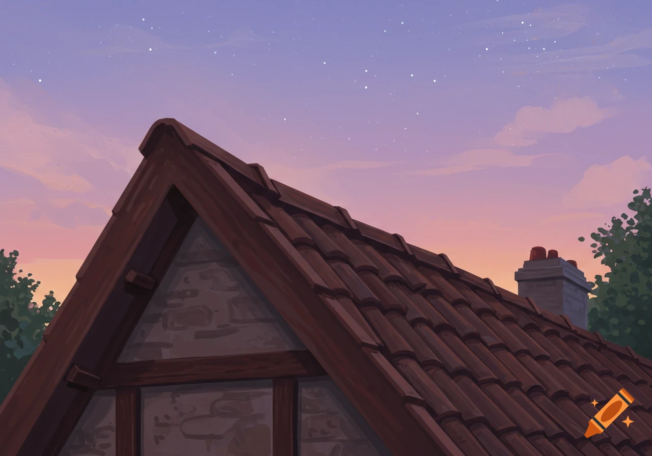 Stylized illustration of a tiled house roof with a chimney and green trees against a purple and orange gradient twilight sky with stars.