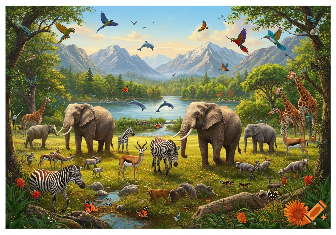 Detailed illustration of a lush utopian landscape with mountains and a lake, where diverse animals like elephants, zebras, giraffes, and dolphins roam freely.