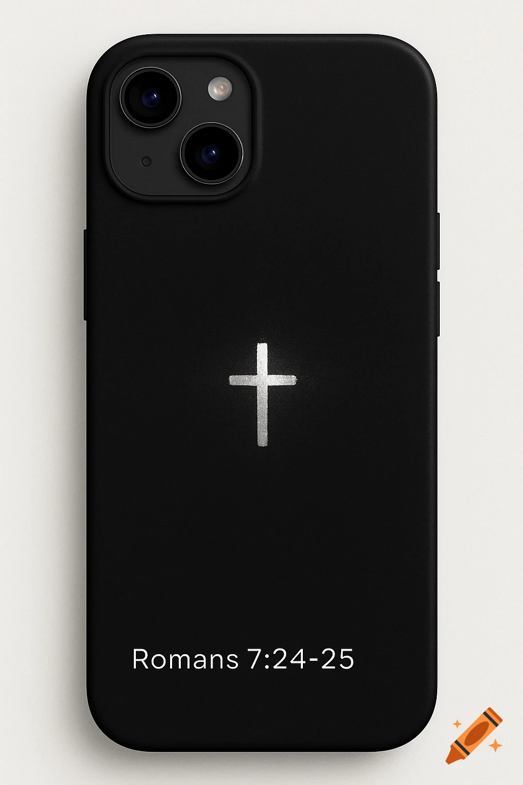 A black iPhone case with a silver cross in the center and "Romans 7:24-25" text at the bottom.