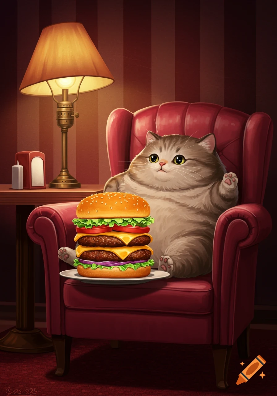 A fluffy, overweight cat sits comfortably in a red armchair, looking at a giant triple cheeseburger on a plate in front of it. Stylized illustration.