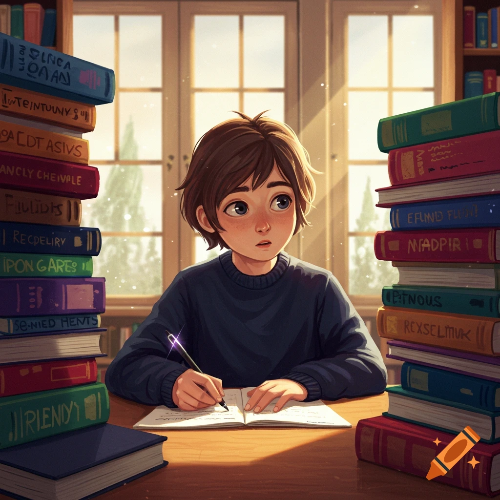 An anime-style student with brown hair sits at a wooden desk, writing in a notebook, surrounded by stacks of colorful books, with sunlight streaming through a window.