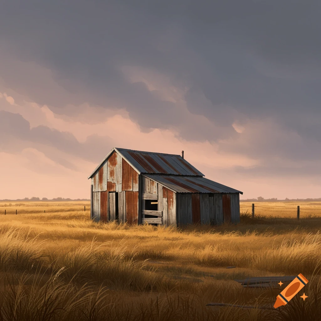 Painting of an old, rusted corrugated iron and wooden shed in a golden field under a dramatic cloudy sky.